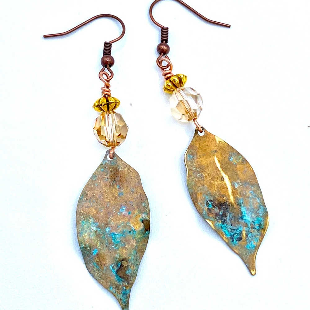 Alchemy leaf copper/Swarovski Crystal/  handmade earrings Great for early fall